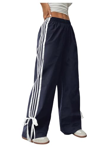 WDIRARA Women's Petite Side Striped Bowknot Track Pants Elastic Waist Wide Leg Baggy Sweatpants Streetwear