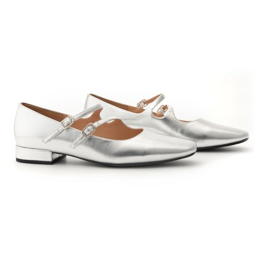 C.Paravano Designer-Inspired Mary Janes | Block Heel Flats w/Memory Foam for Office Attire & Vineyard Visits | Square Toe Comfort | Pair w/Tailored Shorts or Summer Sheaths(Silver,6)2