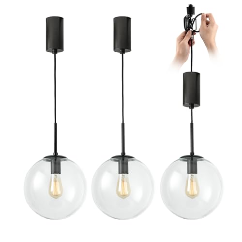 mirrea H-Type Black Track Lighting Pendant with Clear Glass Globe Shade Adjustable Hanging Light E26 Socket Pack of 3