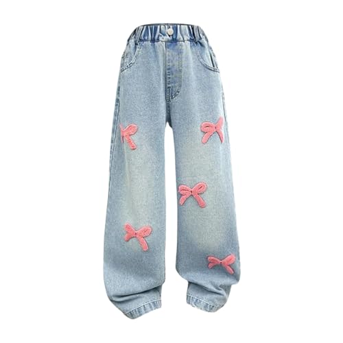 Girls Baggy Jeans Bow Embroidery Wide Leg Pants with Pocket High Waist Streetwear Pants for Kids Girls