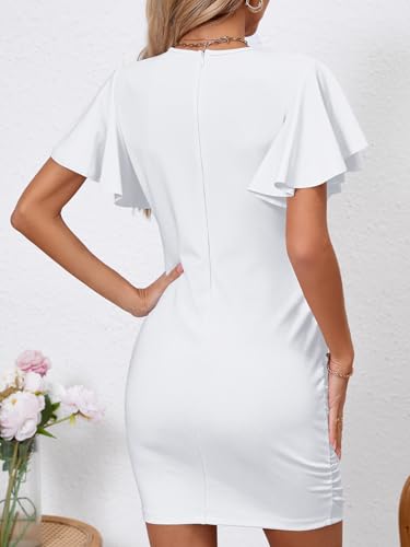 Image of Women's Sexy V Neck Ruffle Sleeve Bodycon Mini Cocktail Party Dress Casual Short Sleeve Work Dress