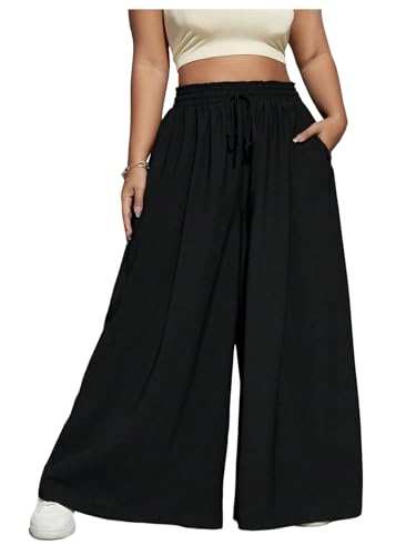 OYOANGLE Women's Plus Size Flowy Palazzo Pants Drawstring High Waist Wide Leg Trousers with Pocket