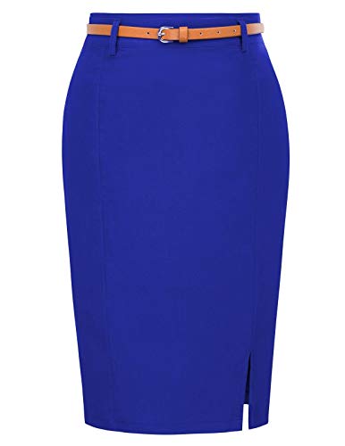 Women's Elastic Midi Pencil Skirt with Belt for Casual Size XL Dark Blue KK856-6