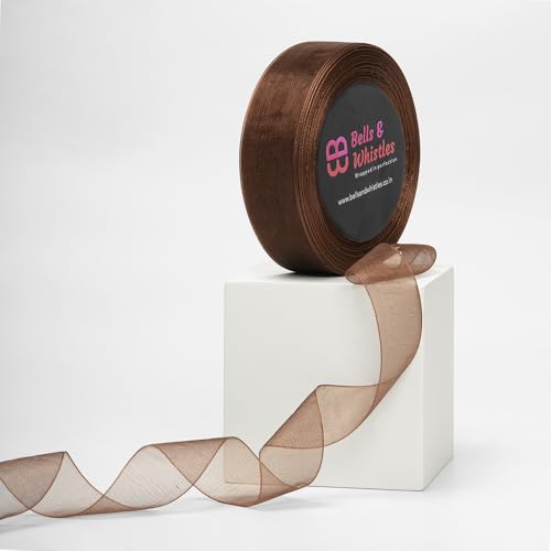 Image of Bells&Whistles Sheer Organza Ribbon | Pack of 2 | Length: 50 Yards Width: 1 inch | Christmas, Festive Decoration. (Brown)