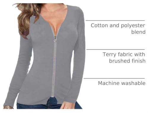 Image of Afibi Women V Neck Zip Front Long Sleeve Casual Top Blouse Shirt /Cardigan