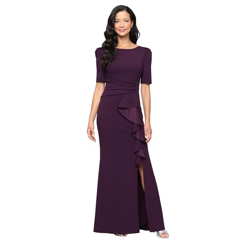 Alex Evenings Women's Long Puff Shoulder Dress, Aubergine Crepe