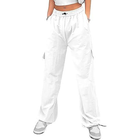 JZC Parachute Pants for Women 2024 Cargo Pants Womens Baggy Low Waist Y2K Pants with Pockets Relaxed Jogger White L Cover