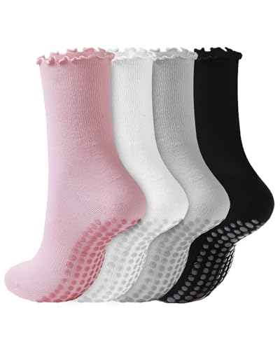 REACH STAR 4 Pairs Pilates Socks with Grips Non Slip Ruffle Yoga Grip Socks for Women