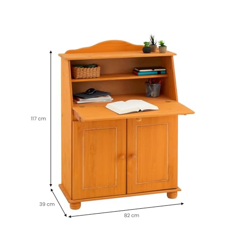 Bureau secrétaire David pin massif avec rangement étagères et portes de bureau