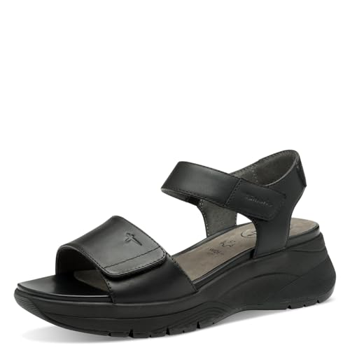 Tamaris Comfort Damen Sandalen flach aus Leder mit Klettverschluss, Schwarz (Black Uni), 39 EU