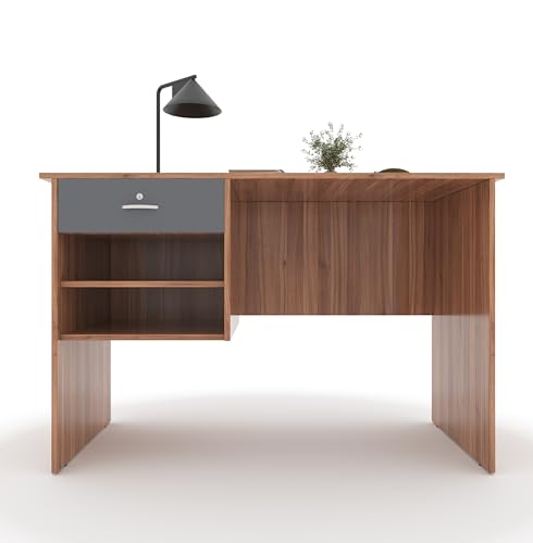Image of 116x75x56CM Engineered Wood Verto Study & Office Table with Smooth Lockable Drawer and 2 Shelves for Storage | Sturdy DIY Counter, Commercial Table- Lyon Walnut with Grey