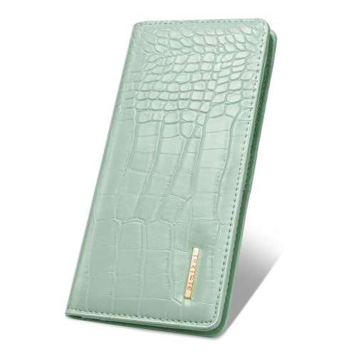 Image of Wallet Women Bifold Faux Crocodile Leather Slim Thin Long Wallets | RFID Blocking, Alligator Texture, Luxury, Credit Cards Holder, Female Woman Ladies Purse,Zipper Coin Pocket, Green Croc