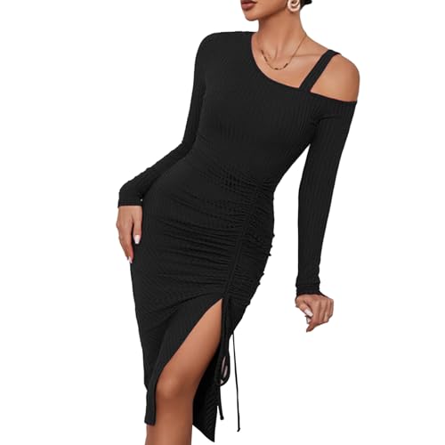 31tEyTZfz L - Vestidos de Manga Larga Mujer Sexy Un Hombro Vestido Ajustado Elegante Bodycon Mini Vestido de Color Sólido Dobladillo Asimétrico Dress Club de Fiesta Noche