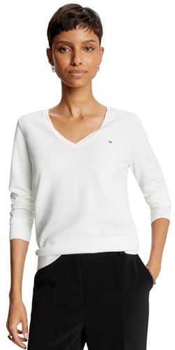 TOMMY HILFIGER Women's Regular Fit Flag Logo V-Neck Sweater, MilkyWay, L