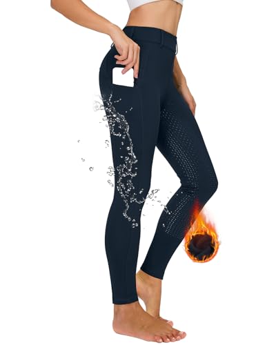 Leggings de equitación de invierno para mujer, con ribete completo, térmicos, forrados, impermeables, con trabillas para el cinturón para teléfono móvil, azul marino, L