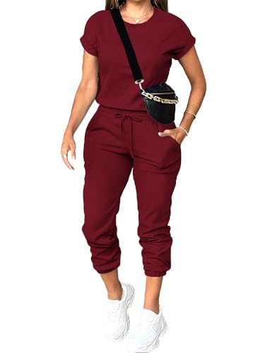 PINSV Women's 2 Piece Outfits Tracksuit Sets Short Sleeve Tops Jogger Pants with Pockets Burgundy L1