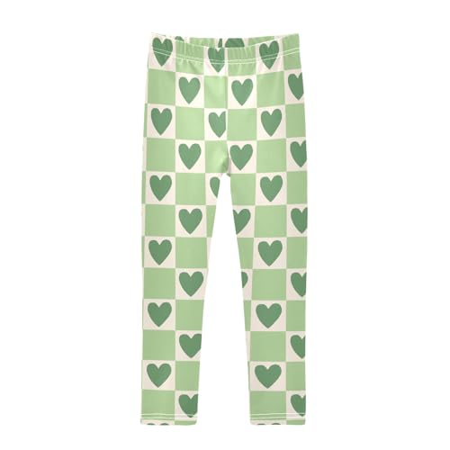 Cartoon Green Hearts Girls Leggings Soft Comfortable Athletic Leggings Dancing Pants for 4-10 Years