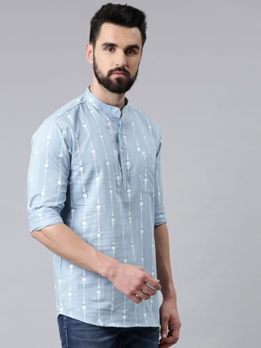 Image of Zombom Men's Cotton Polyester Blend Solid Regular Fit Full Sleeve Printed Short Kurta | Ethnic, Lightweight Summer Kurta for Daily & Occasion Use | Men's Trendy Short Kurta