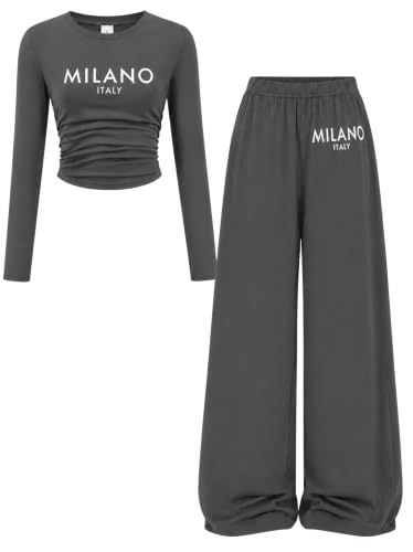 Image of OLMRJKD Girls 2 Piece Outfits Long Sleeve Letter Printed Sweatshirt & Wide Leg Pants Fall Clothing Set Size 7-16 Years