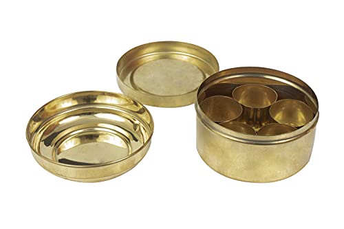 Spillbox Brass Box Pooja | Puja | Roli | Chawal Puja Box |Dabbi | Dibbi | Dhani | Dani Lid Holder with 5 Container-5 in 1 Box, Medium, Gold