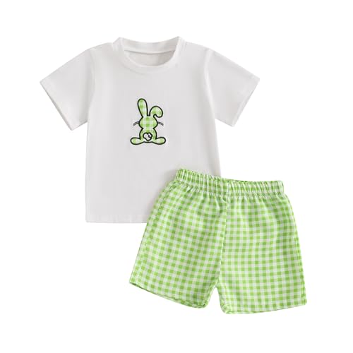 Image of Toddler Baby Boy Easter Rabbit Outfit Short Sleeve Bunny Carrot Smocked T-shirt Elastic Waist Shorts Summer Clothes