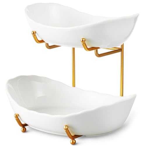 Image of 2 Tier Fruit Bowl, Ceramic Fruit Basket for Kitchen Counter (White)