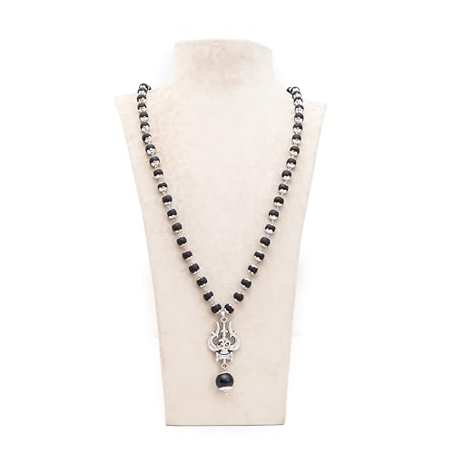 Image of Divine Hindu OM Shiva Trishool Karungali Mala with Silver Caps | Black Ebony Wood Spiritual Necklace | Protection, Meditation, Healing, Energy Balance, Shiva Bhakti Mala | for Men & Women - 108beads