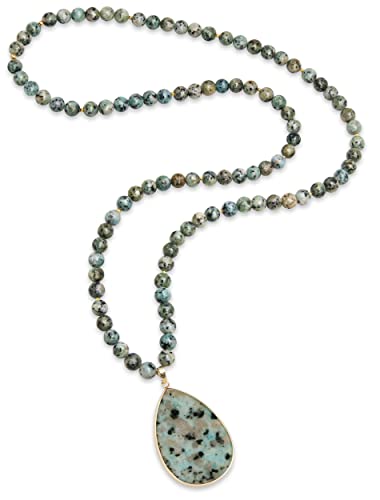 Pearlfect Long Pendant Necklaces For Women/Men Trendy, 8Mm Womens Beaded Jasper Necklace,32 Inch Green Stone Bead Boho Necklace Jewelry,Chunky Statement Necklace,Handmade Fashion Jewelry Gifts (06 Green Dot Jasper) #TOP8