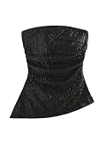 SOLY HUX Women's Sequin Tube Tops Sparkly Strapless Sleeveless Bandeau Split Asymmetric Hem Top Party Clubwear Plain Black Small
