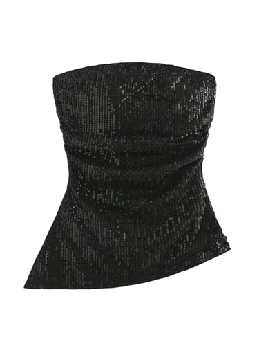 SOLY HUX Women's Sequin Tube Tops Sparkly Strapless Sleeveless Bandeau Split Asymmetric Hem Top Party Clubwear