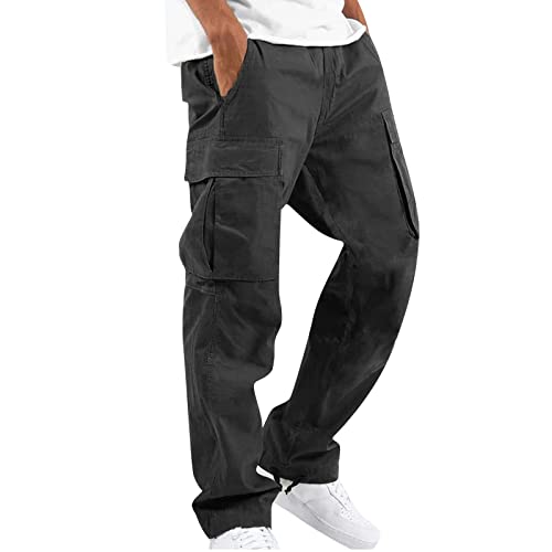 Cotton Cargo Trousers for Men,Solid Elastic Waist Straight Leg Slacks Slim Fit Bottoms Drawstring Pants for Men