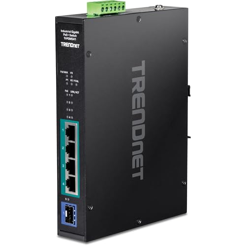 Image of TRENDnet 5-Port Industrial Gigabit PoE+ Switch, Wide Temperature Range -20 - 65C (-4 - 149F), DIN-Rail Switch, 50-55V DC, 4 x Gigabit PoE+ Ports, 1 x Gigabit SFP Slot, TI-PGM541, Black