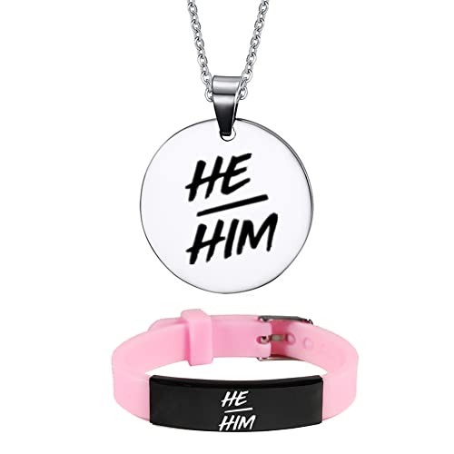 2 Pack He Him Pronouns Identity Jewelry - Adjustable Male Genderqueer Lgbtq Nonbinary NB Pride Silicone Bracelet for Adults Kids, He Him His Pronoun Gender Wristband Necklace Set for Men Boys