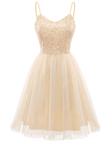 Image of Dressystar 2026 Women's Tiered Sparkly Sequin Glitter Formal Prom Dress Mini Spaghetti Strap Tulle Cocktail Party Dresses