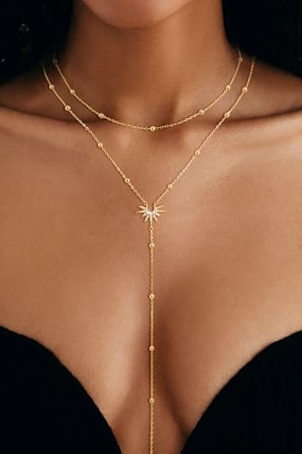 Image of CHESKY Long Necklaces for Women, 14k Gold Plated /Streling Silver Lariat Necklace Dainty Statement Prom Necklace Rosary Cross Sun Drop Pendant Dangle Necklace Gold Prom Jewelry for Women Gifts