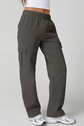 Image of QINSEN Baggy Medium Waist Elastic Sweatpants for Womens Casual Long Fleece Cargo Pants with Pockets