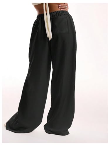 Image of RoseSeek Womens Linen Pants Wide Leg Loose Cotton Swimsuit Coverups Summer Pants Beach Vacation Outfits Black M