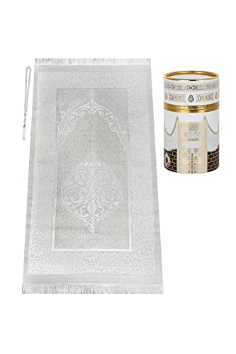 ihvan online Muslim Prayer Rug and Prayer Beads with Elegant Design Cylinder Gift Box, Janamaz, Soft Sajadah