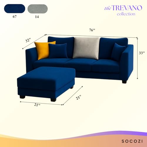 Image of SOCOZI Trevano 4 Seater L Shape Sofa Set with Movable Ottoman | Flexible Left or Right Layout | Soft Velvet Suede Fabric | Modern Design | Plush Comfort Cushions for Living Room (Blue -Light Grey)
