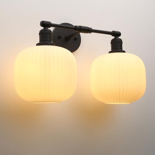 Image of Pathson 2 Lights Milk White Globe Wall Sconce, Hardwired Antique Double Sconce for Living Room Home Decor, Striped Glass Bathroom Vanity Light, E26 Bulb Base