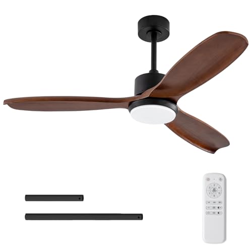 KBZZ 52 Inch Ceiling Fans with Lights and Remote, Solid Wood Blades, Dimmable, Reversible DC Motor, Memory Function, Modern Indoor Outdoor Ceiling Fan with Light for Patio Bedroom (Black Walnut) by KBZZ - Used condition - US$67.14