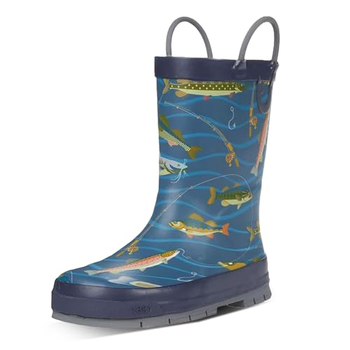 Western Chief Boys Waterproof Printed Rain Boot with Easy Pull on Handles - Gone Fishin, 2 M US Little Kid