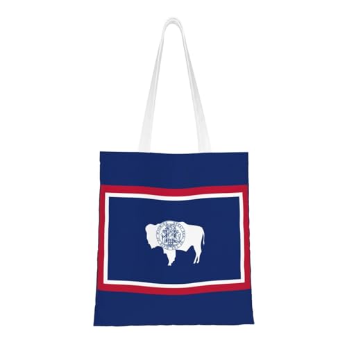 Wyoming State Flag Print Polyester Canvas Tote Bag, Shopping Bag With Reinforced Handles, Reusable