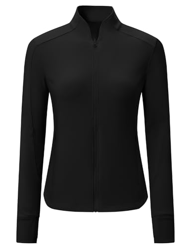 BGOWATU Women's Workout Athletic Jacket V-Neck Full Zip Running Yoga Jackets Track Tops with Pockets Thumb Hole Black L
