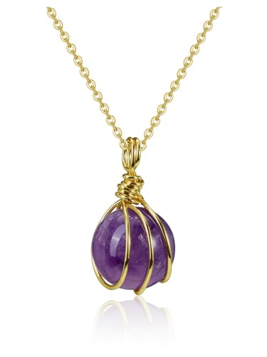 Jovivi Collier Pierre Naturelle Cristal Boule Rond Fils Or Enroulé Pendentif Cristal de Roche Pierre Précieuse Collier Porte Bonheur pour Homme Femme...