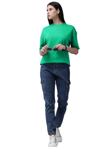 Image of LEOTUDE Women's cotton Oversized Fit Oversized Half Sleeve Tshirt, Round Neck Longline Drop Shoulder Solid T-Shirt