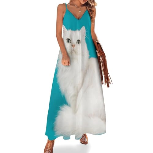 Robe longue chat blanc mignon robe maxi sans manches femme pour vêtements de plage et voyage