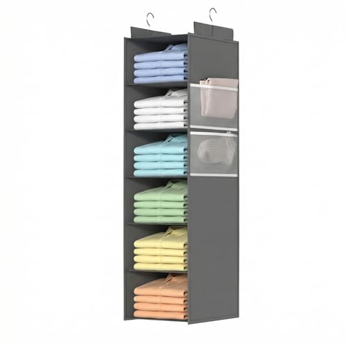 ALLTIDYUP Étagère Suspendue Pliable de Rangement de Placard et Penderie, 6 Niveaux Profonds avec Poches en Maille et Crochets Métalliques – Vêtements,...