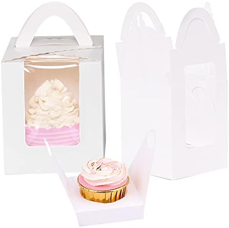 Gbateri 60 Pieces Individual Cupcake Boxes with Insert and Clear Window, Brown Kraft Single Cupcake Boxes Cupcake Carrier with Handle Cupcake Container Bakery Boxes Mini Cake Boxes Treat Gift Boxes