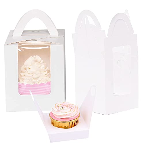 60 Pieces Single Cupcake Boxes Cupcake Carrier with Handle and Display Window, White Individual Cupcake Box Bakery Boxes Treat Gift Boxes Mini Cavity Cake Boxes for Cookies, Party Favors by Gbateri